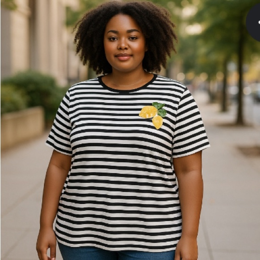Striped Black & White Tee with Lemon Patch - Women's Top